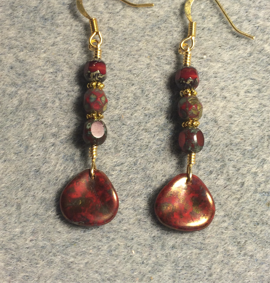 Red Picasso Czech glass rose petal earrings adorned with red Picasso Czech glass beads.