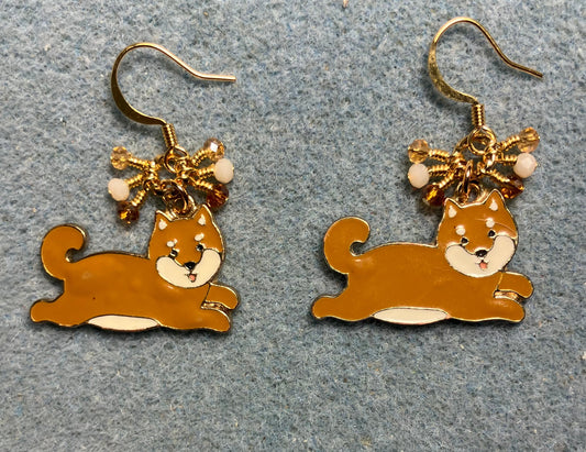 Brown and white enamel Shiba Inu charm earrings adorned with tiny dangling brown, white, and amber Chinese crystal beads.