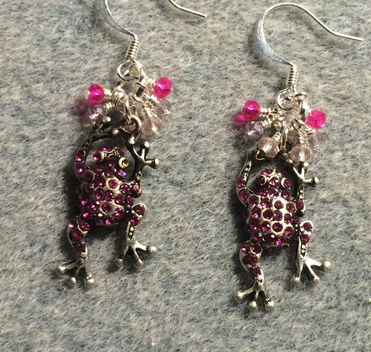 Vintage antique silver and hot pink rhinestone frog charm earrings adorned with tiny dangling hot pink and light pink Chinese crystal beads.