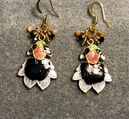 Black, peach, and green cloisonné goldfish charm earrings adorned with tiny dangling black, peach, and green Chinese crystal beads.