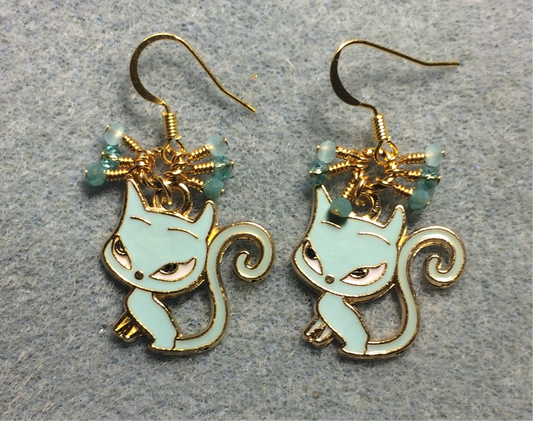 Aqua, gold, and white enamel fox (or devil cat) charm earrings adorned with tiny dangling aqua and teal Chinese crystal beads.