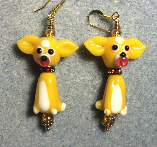 Yellow topaz lamp work puppy dog bead earrings adorned with colorful rhinestone rondelle “collars” and topaz Czech glass beads.