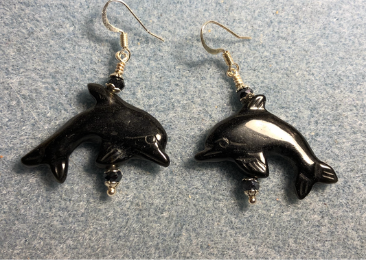 Black onyx gemstone dolphin bead earrings adorned with black Chinese crystal beads.