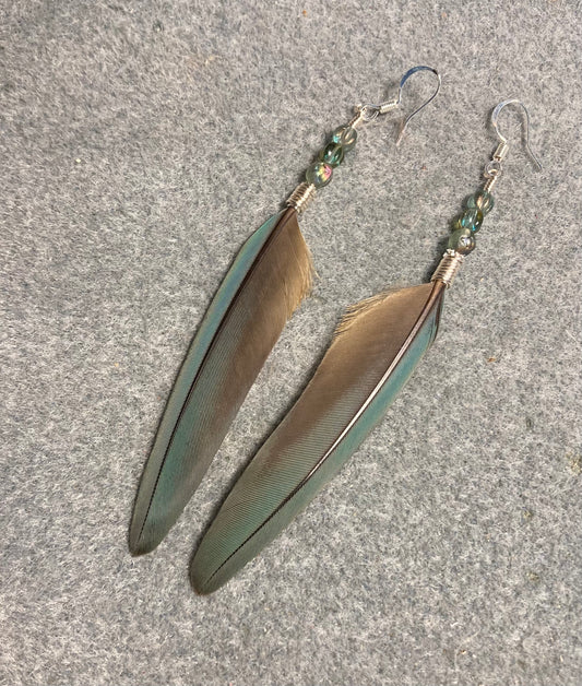 Olive green gray red-fronted macaw feather earrings adorned with olive green gray Czech glass beads.