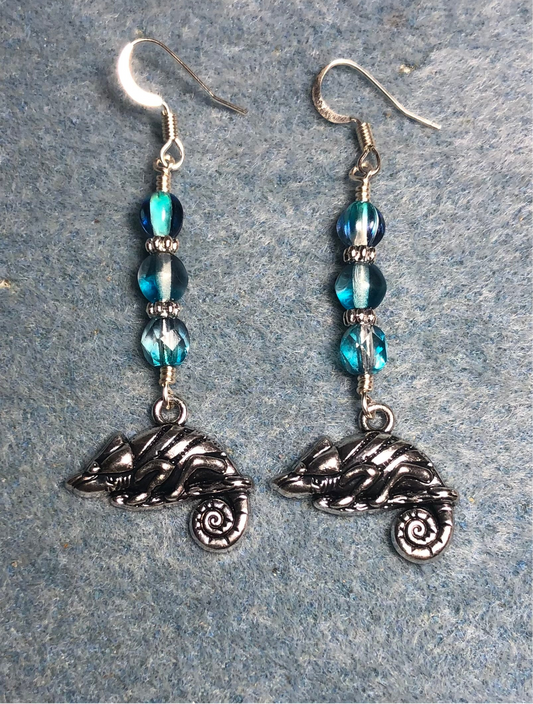 Silver chameleon charm earrings adorned with turquoise purple Czech glass beads.