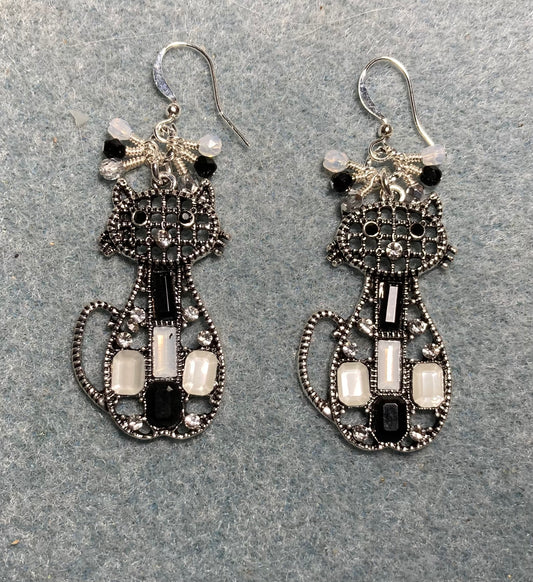 Large black, white, and gray enamel and rhinestone cat charm earrings adorned with small dangling black, white, and gray Czech glass beads.