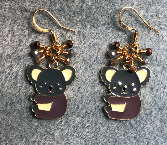 Brown, gray, and off white enamel koala bear charm earrings adorned with tiny dangling brown, gray, and tan Chinese crystal beads.
