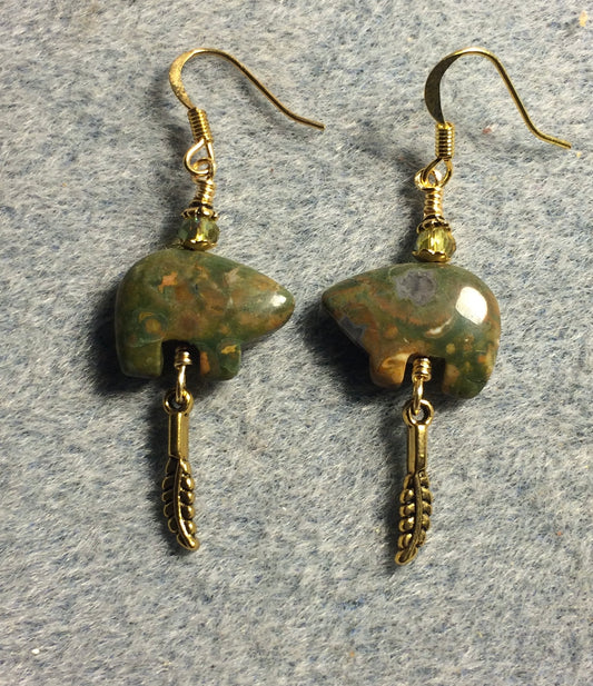Green rhyolite gemstone Zuni bear fetish bead earrings adorned with green crystal beads and tiny gold feather charms.