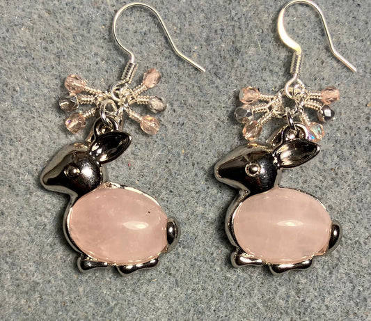 Large silver and pink quartz gemstone rabbit charm earrings adorned with small dangling rose, pink, and silver Czech glass beads.