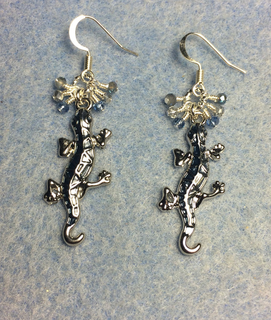 Silver and light blue enamel lizard charm earrings adorned with small dangling silver and light blue Chinese crystal beads.