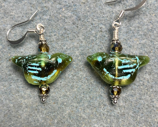 Olive green (with turquoise inlay) Czech glass bird bead earrings adorned with olive green Chinese crystal beads.
