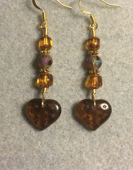 Dark topaz Czech glass heart bead earrings adorned with  topaz Czech glass beads.