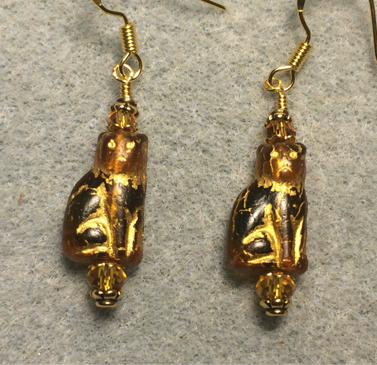 Small olive green topaz (with gold inlay) Czech glass cat bead earrings adorned with topaz Chinese crystal beads.