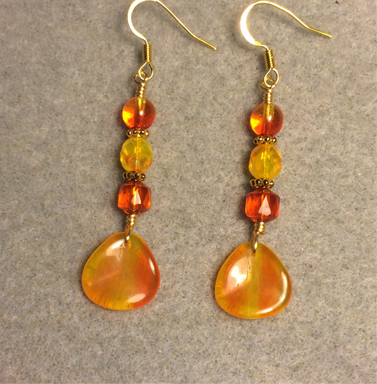 Orange and yellow Czech glass rose petal earrings adorned with orange and yellow Czech glass beads.