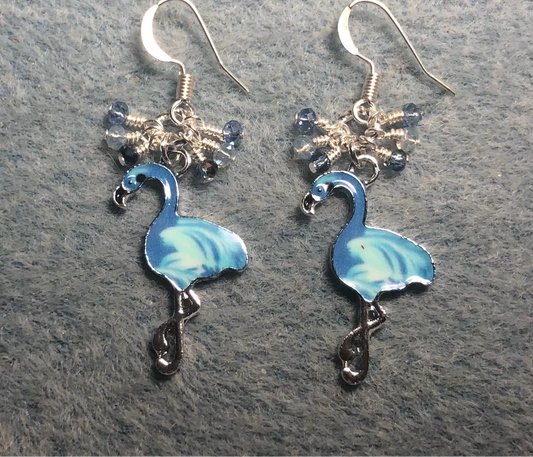 Light blue enamel flamingo charm earrings adorned with tiny dangling light blue Chinese crystal beads.