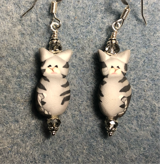Gray polymer clay striped tabby cat bead earrings adorned with clear Chinese crystal beads.