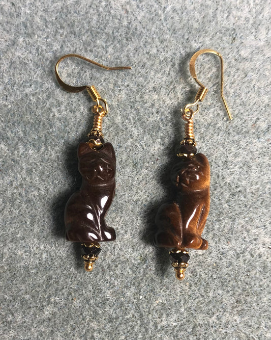 Tigereye gemstone cat bead earrings adorned with brown Chinese crystal beads.