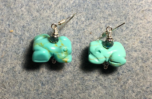 Turquoise gemstone frog bead earrings adorned with turquoise Chinese crystal beads.