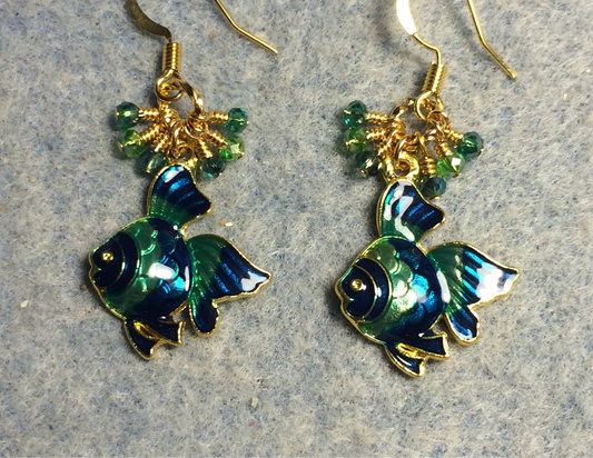 Teal and green enamel angelfish charm earrings adorned with tiny dangling teal and green Chinese crystal beads.