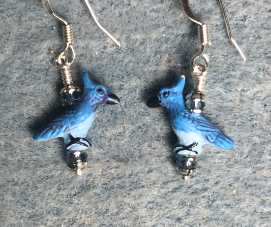 Small blue ceramic blue jay bead earrings adorned with blue Chinese crystal beads.