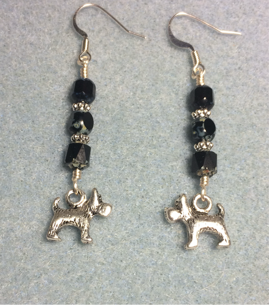 Small silver Scottish terrier charm earrings adorned with black Picasso Czech glass beads.