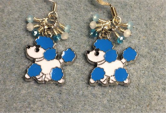Turquoise blue and white enamel poodle charm earrings adorned with tiny dangling turquoise blue and white Chinese crystal beads.