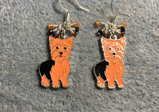 Brown and black enamel Yorkshire Terrier charm earrings adorned with tiny dangling brown and black Chinese crystal beads.