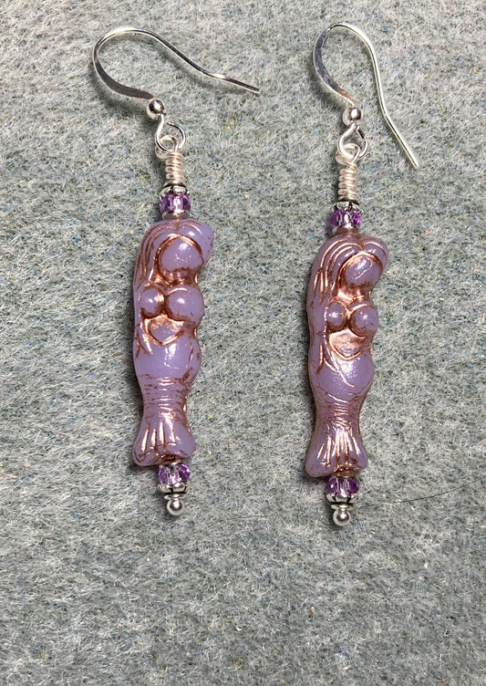 Light violet (with copper inlay) Czech glass mermaid bead earrings adorned with light violet Chinese crystal beads.