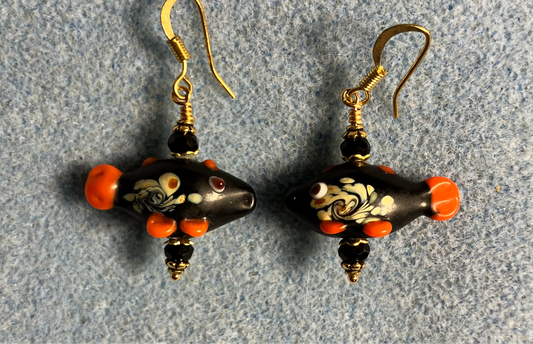 Black lamp work fish bead earrings adorned with black Chinese crystal beads.