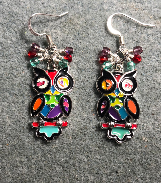 Large colorful enamel owl charm earrings adorned with small dangling aqua, red, and violet Czech glass beads.