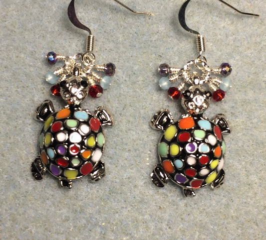 Colorful enamel mosaic turtle charm earrings adorned with tiny dangling red, light blue, and violet Chinese crystal beads.