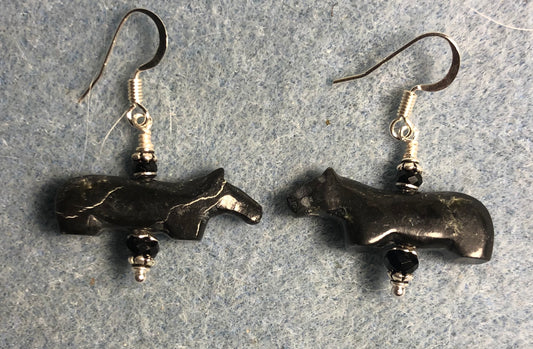 Small black onyx gemstone horse bead earrings adorned with black Chinese crystal beads.