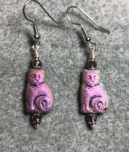 Medium metallic purpleCzech glass cat bead earrings adorned with purple Chinese crystal beads.