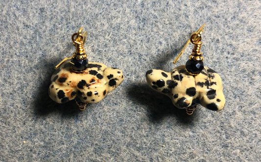 Dalmatian jasper gemstone turtle bead earrings adorned with black Chinese crystal beads.