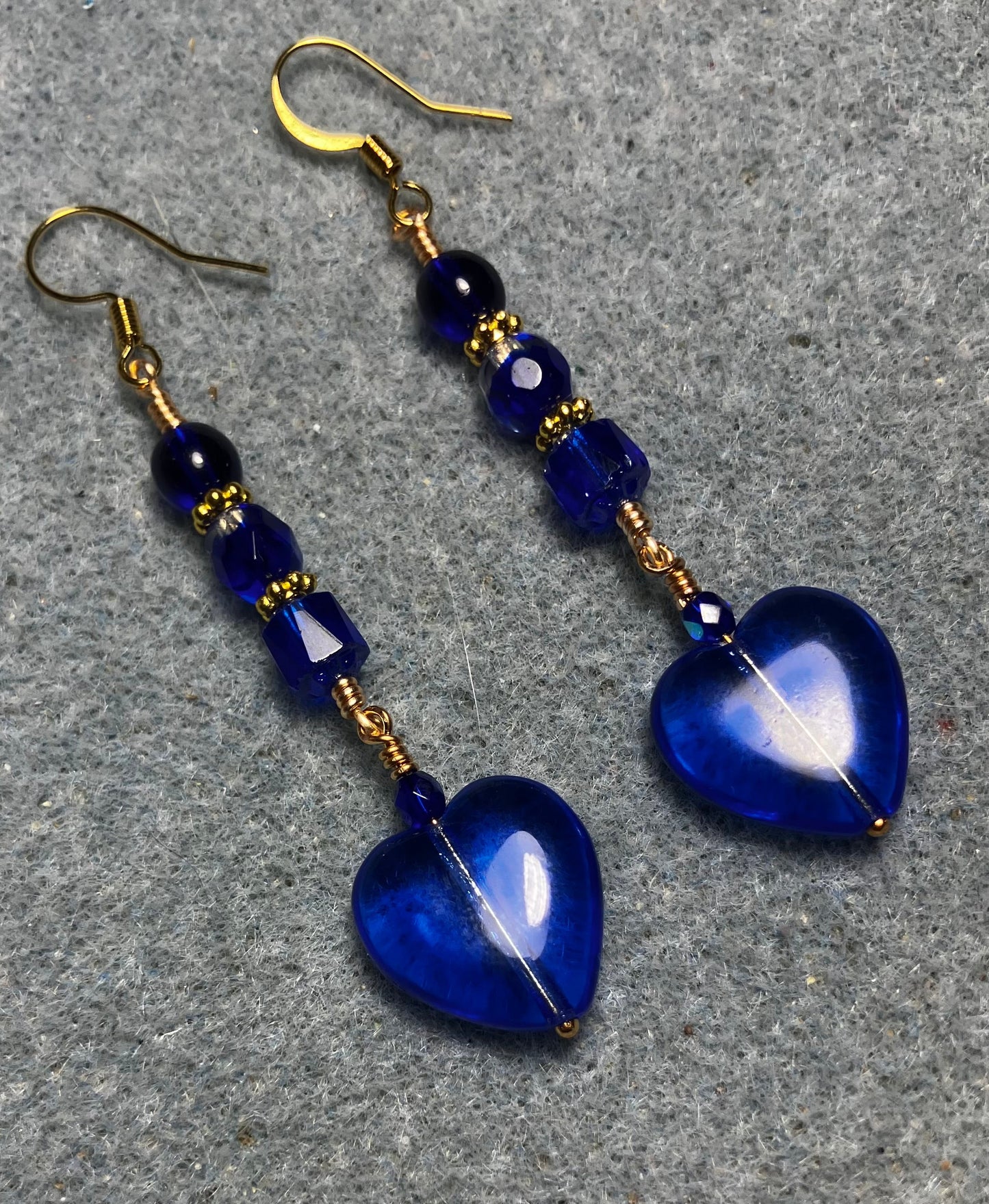 Cobalt blue Czech glass heart bead earrings adorned with cobalt blue Czech glass beads.