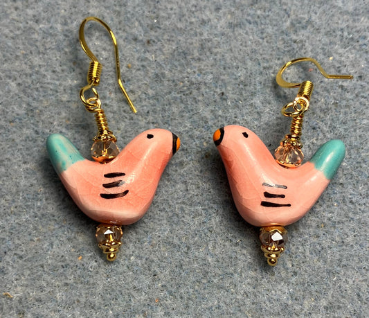 Small peach and turquoise ceramic bird bead earrings adorned with peach Chinese crystal beads.