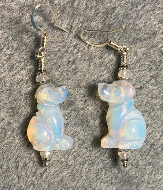 Opalite gemstone dog bead earrings adorned with white Chinese crystal beads.