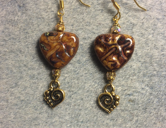Brown Picasso Czech glass heart bead earrings made with amber Chinese crystal beads and gold Tierracast spiral heart charms.