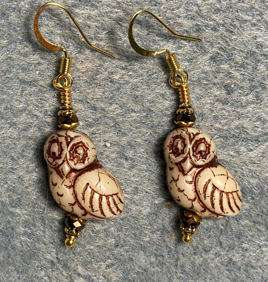 Beige (with brown wash) fancy Czech glass owl bead earrings adorned with brown Chinese crystal beads.