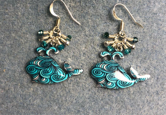 Turquoise patterned enamel whale charm earrings adorned with tiny dangling turquoise and silver Chinese crystal beads.