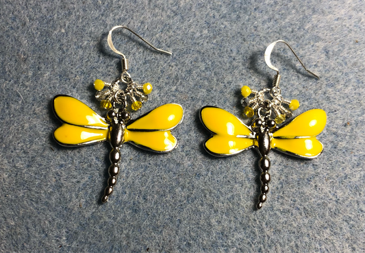 Large yellow and silver enamel dragonfly charm earrings adorned with tiny dangling yellow and silver Chinese crystal beads.