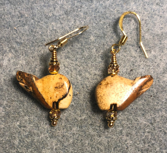 Small picture jasper gemstone whale bead earrings adorned with tan Chinese crystal beads.