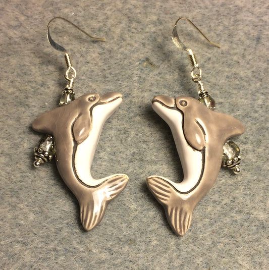 Gray and white ceramic dolphin bead earrings adorned with gray Czech glass beads.
