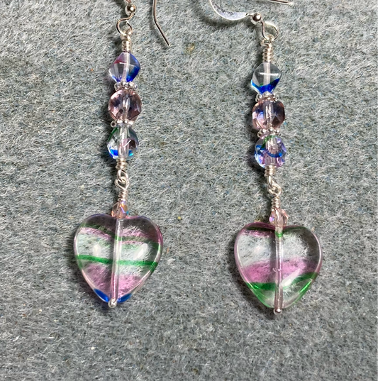 Multicolored (clear, blue, pink, and green) Czech glass heart bead earrings adorned with multicolored and pink Czech glass beads.