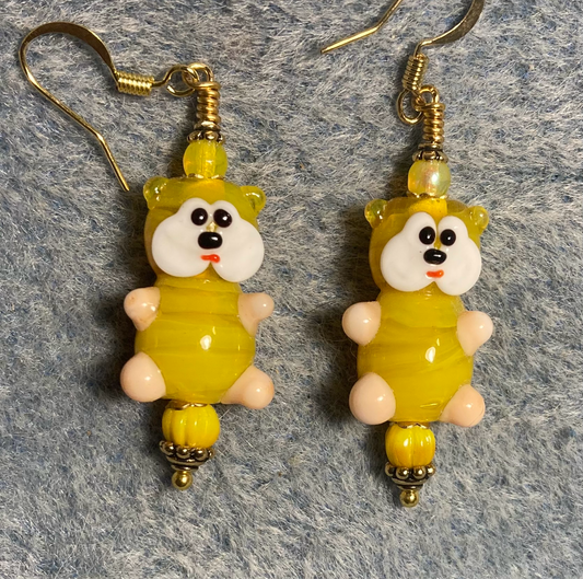 Large golden yellow and white lamp work teddy bear bead earrings adorned with golden yellow Czech glass beads.