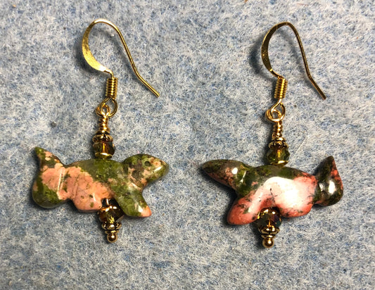 Green and orange unakite gemstone squirrel bead earrings adorned with sparkly green Chinese crystal beads.
