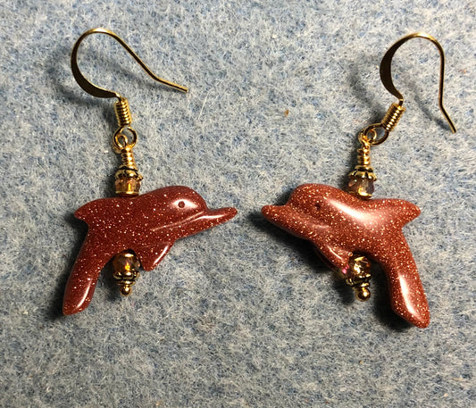 Orange goldstone gemstone fish bead earrings adorned with orange Chinese crystal beads.