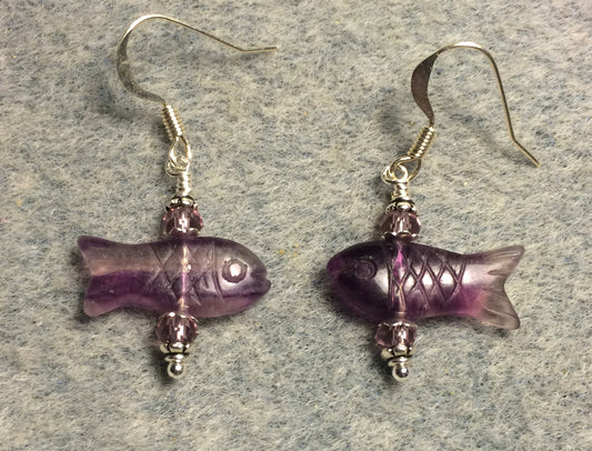 Small purple fluorite gemstone fish bead earrings adorned with purple Chinese crystal beads.