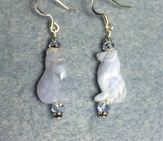 Blue lace agate gemstone tiger bead earrings adorned with light blue Chinese crystal beads.