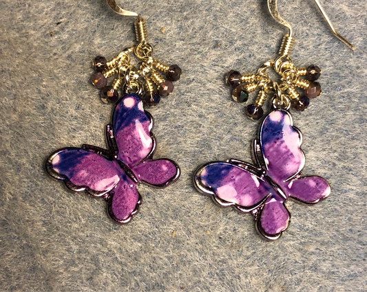 Purple enamel butterfly charm earrings adorned with tiny dangling purple Chinese crystal beads.